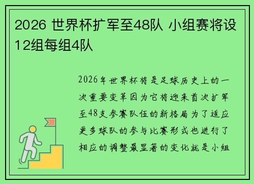 2026 世界杯扩军至48队 小组赛将设12组每组4队